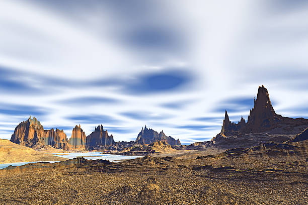 istock 3D rendered fantasy alien planet. Rocks and sky 531432047