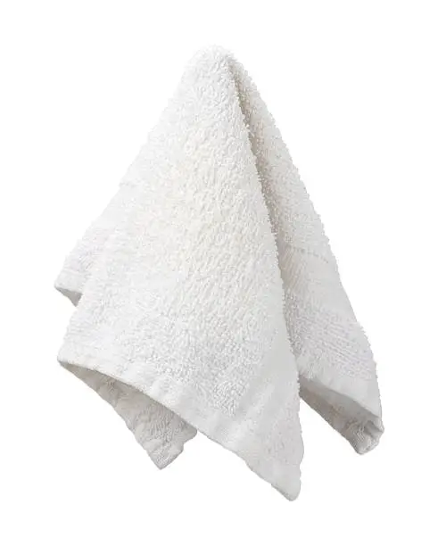 Hanging White Washcloth isolated on white.