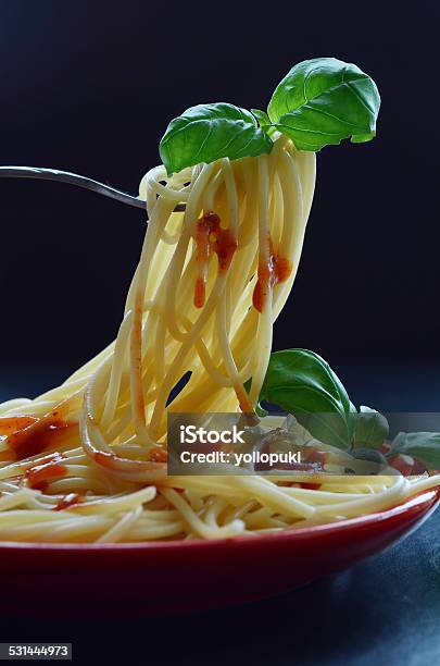 Pasta Spaghetti With Tomato Sauce And Garnish Stock Photo - Download Image Now - 2015, Basil, Beef