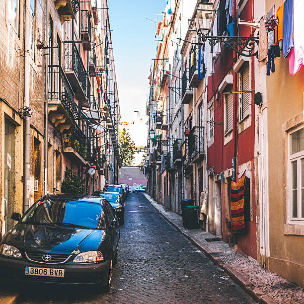 Lisbon, Portugal - December 31, 2014: Deserted narrow streets of Bairro Alto, in the night those streets will be full of nightlife