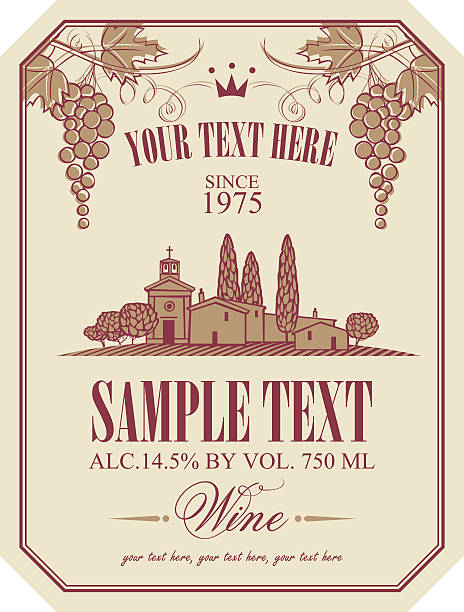 wine label with a landscape of vineyards wine label with a landscape of vineyards and Italian village and a bunch of grapes house landscaped beauty in nature horizon over land stock illustrations