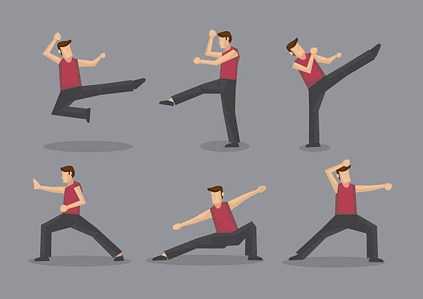 illustrazioni stock, clip art, cartoni animati e icone di tendenza di carattere vettoriale illustrazione kung fu cinese - self defense wushu action aggression