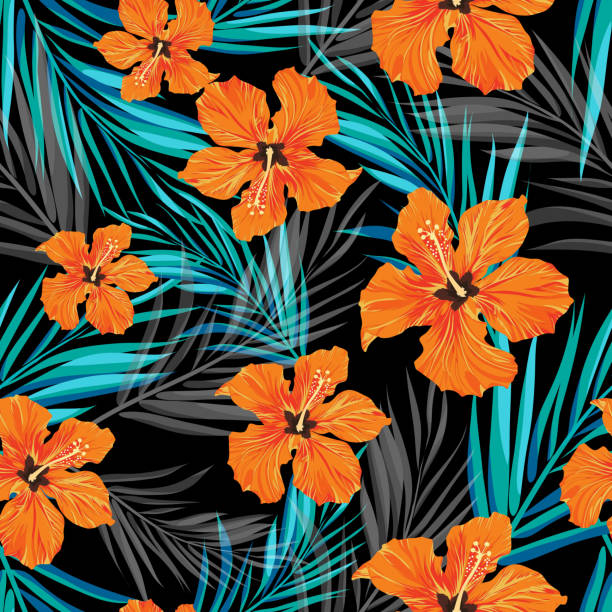 ilustraciones, imágenes clip art, dibujos animados e iconos de stock de verano hawaiano fondo con tropical palma árbol hojas y exóticos - aloha palabra hawaiana