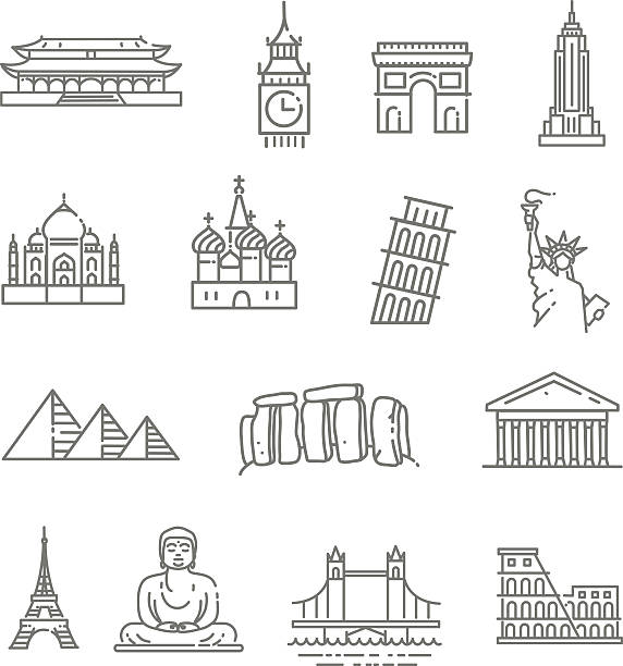 Travel landmarks line icon set Flat line design style vector illustration icons set and logos of top tourist attractions, historical buildings, towers megalith stock illustrations