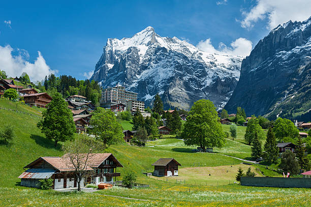 paisagem idílica de queijo suíço - hill grindelwald village landscape - fotografias e filmes do acervo