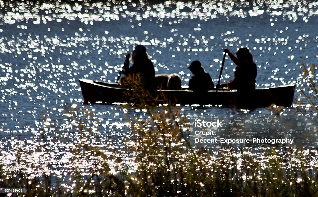 Canoeing Canoe carrying three persons at a local lake in Chicago, IL. 2015 Stock Photo