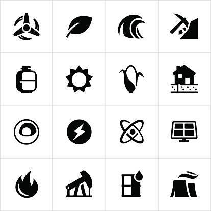 Icons representing forms and sources of fuel and energy. Coal, oil, electricity, nuclear, biofuel, geothermal, solar, wind.