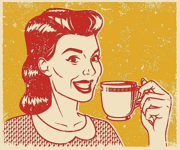 Vector illustration of Retro Screen Print Woman Drinking Coffee