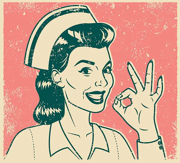 Vector illustration of Retro Screen Print Nurse Giving OK Sign