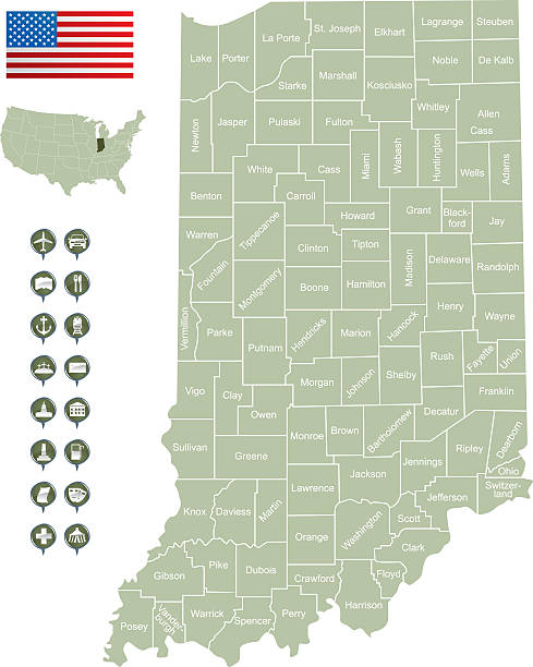 Map of Indiana Detailed map of Indiana with icons of organizations providing services, government organizations and structures. evansville indiana stock illustrations
