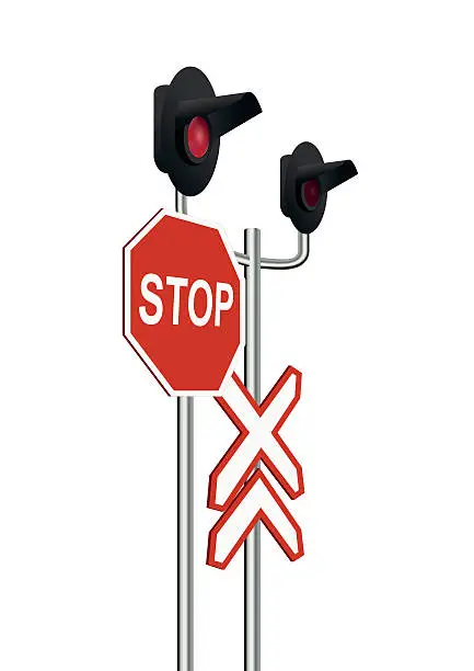 Vector illustration of Isometric light railway and the sign of Stop