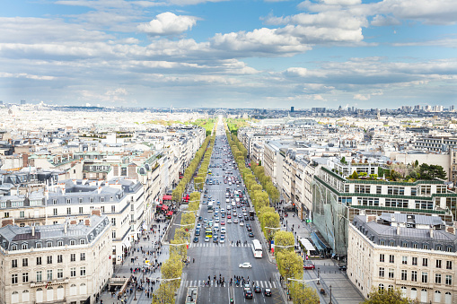 Champs-Élysées street, seen from Arc de Triomphe, Paris, France.