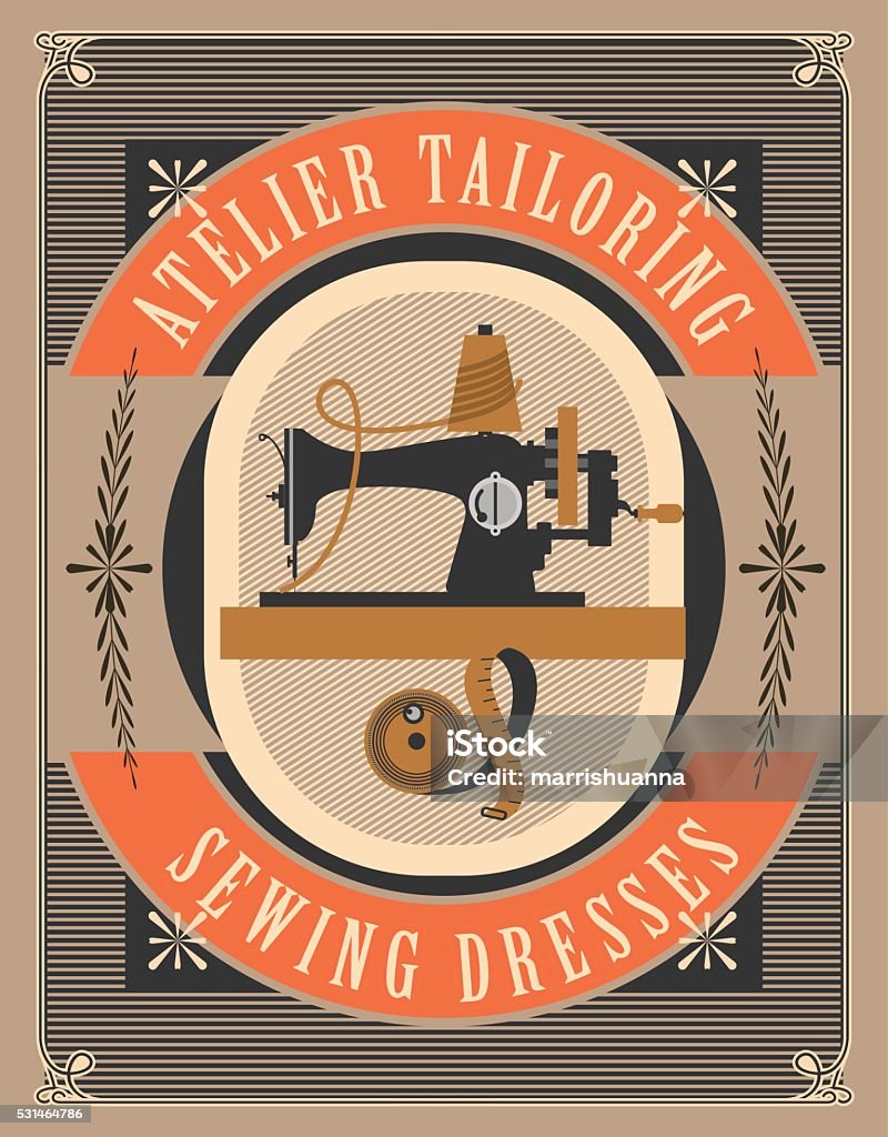 sewing workshop poster vector retro poster sewing workshop Atelier tailoring picture old sewing machine Art And Craft stock vector
