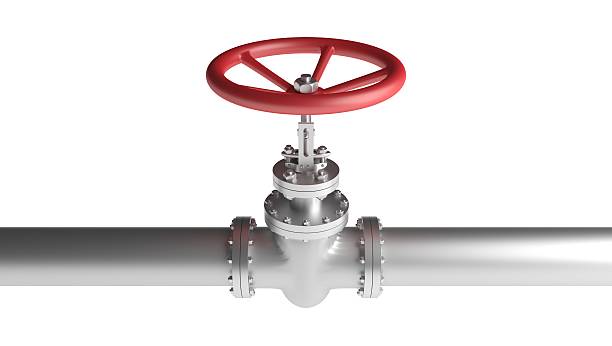 a válvula vermelha e condutas metálico isolado sobre branco. 3 d ilustração. - pipeline pipe valve three dimensional shape imagens e fotografias de stock