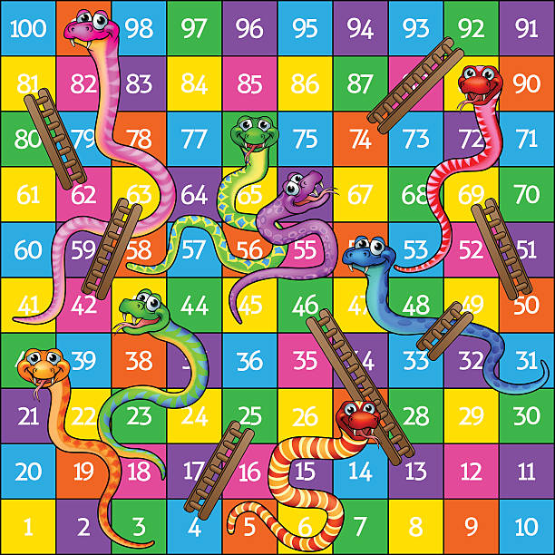 Snakes and Ladders Snakes and ladders board game cartoon illustration snake with its tongue out stock illustrations