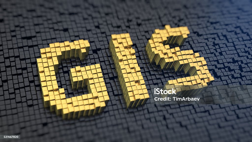 GIS cubics Geographical information system. Acronym GIS of the yellow square pixels on a black matrix background. 3D illustration image Gi - Martial Arts Clothing Stock Photo