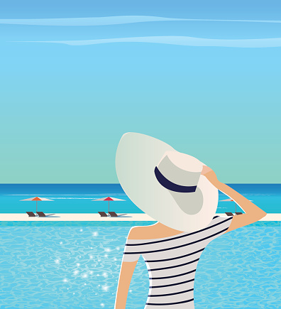 Summer vacation vector illustration.  Woman in wide-brimmed hat and striped shirt is admiring sea landscape. 