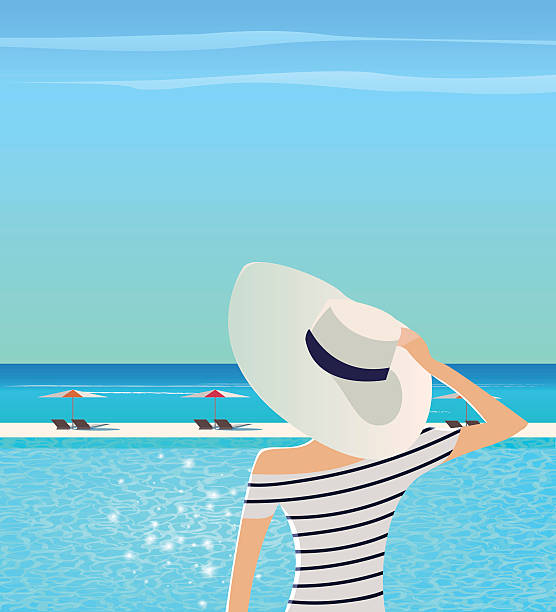 Woman in wide-brimmed hat is admiring sea. Summer vacation vector illustration.  Woman in wide-brimmed hat and striped shirt is admiring sea landscape.  chaise longue woman stock illustrations