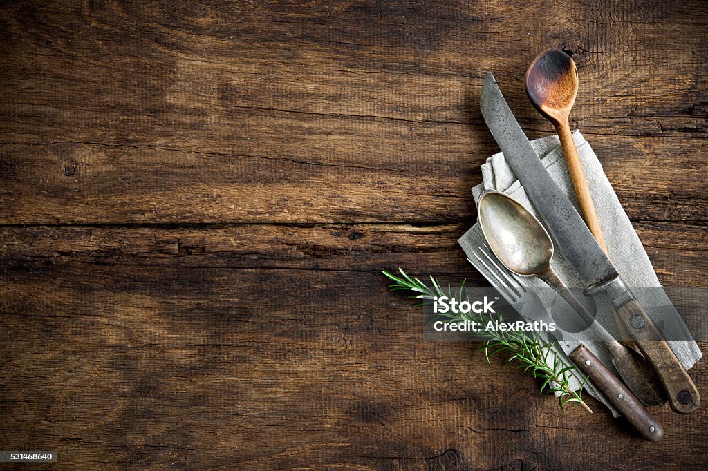 vintage kitchen utensils vintage kitchen utensils on wooden table Food Stock Photo