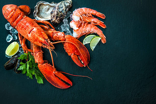 Shellfish plate of crustacean seafood Shellfish plate of crustacean seafood with fresh lobster, mussels, shrimps, oysters as an ocean gourmet dinner background prawn seafood photos stock pictures, royalty-free photos & images