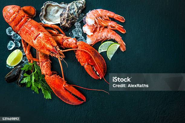 Shellfish Plate Of Crustacean Seafood Stock Photo - Download Image Now - Lobster - Animal, Seafood, Crustacean