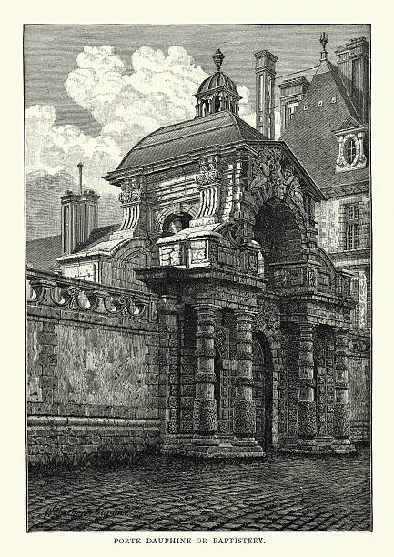 Palace of Fontainebleau - Porte Dauphine or Baptistry Vintage engraving of the Porte Dauphine or Baptistry at Palace of Fontainebleau. The Palace of Fontainebleau or Chateau de Fontainebleau is located 55 kilometres southeast of the centre of Paris, and is one of the largest French royal chateaux. chateau de fontainbleau stock illustrations