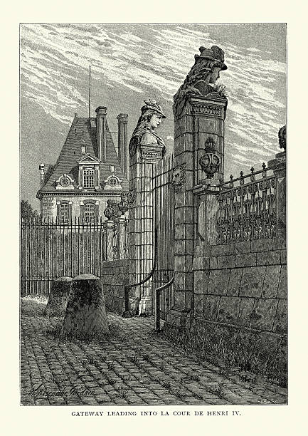 Palace of Fontainebleau Gateway to La Cour de Henri IV Vintage engraving of the gateway leading into La Cour de Henri IV at Palace of Fontainebleau. The Palace of Fontainebleau or Chateau de Fontainebleau is located 55 kilometres southeast of the centre of Paris, and is one of the largest French royal chateaux. chateau de fontainbleau stock illustrations