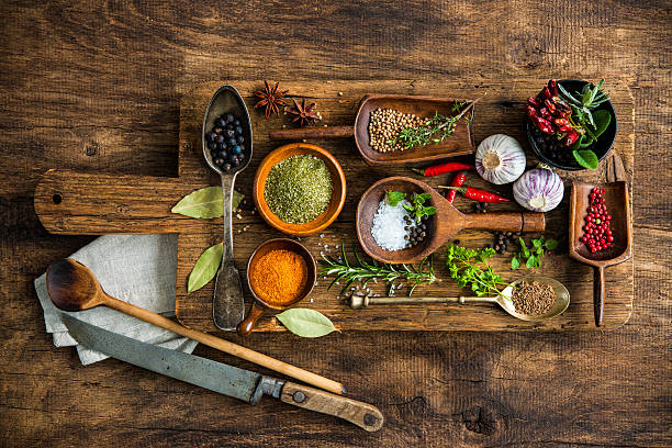 istock Colorful spices on wooden table 531470926