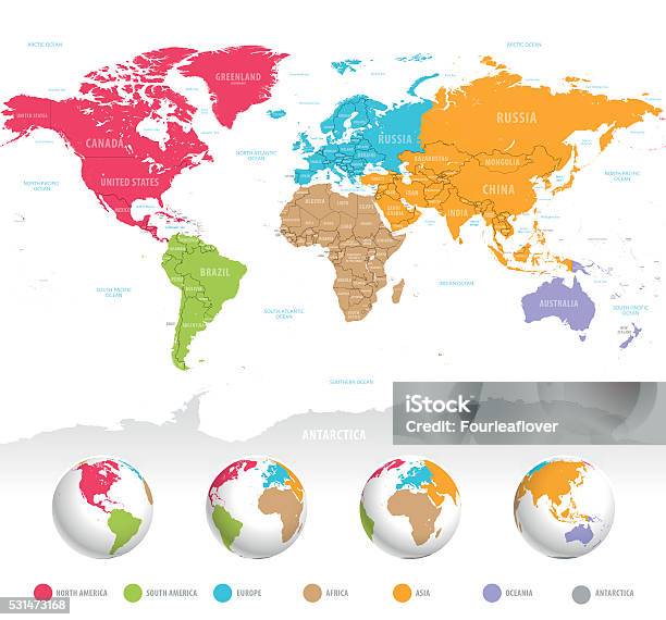 Mappa Del Mondo Vettoriale Colorato - Immagini vettoriali stock e altre immagini di Globo terrestre - Globo terrestre, Piatto - Descrizione generale, Planisfero