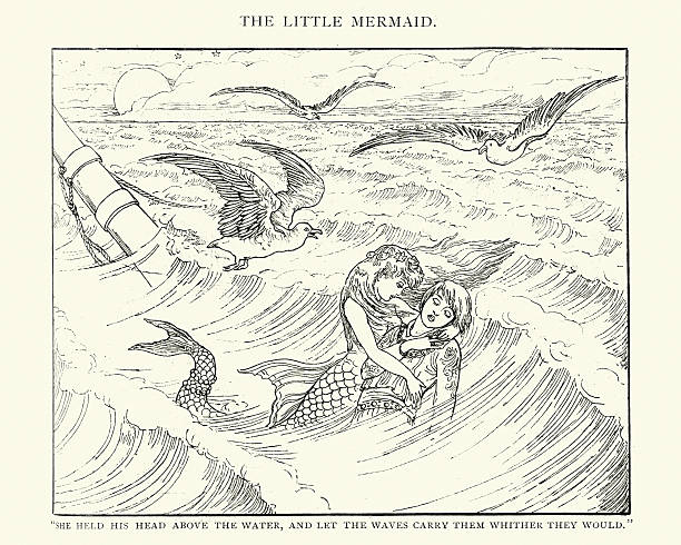Fairy tale - The Little Mermaid Vintage engraving of a scen from the fairy The Little Mermaid.  The Little Mermaid is a fairy tale by the Danish author Hans Christian Andersen about a young mermaid willing to give up her life in the sea and her identity as a mermaid to gain a human soul. hans christian andersen stock illustrations