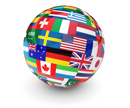 Flags of the world on a globe for international business, school, travel services and global management concept 3d illustration on white background.