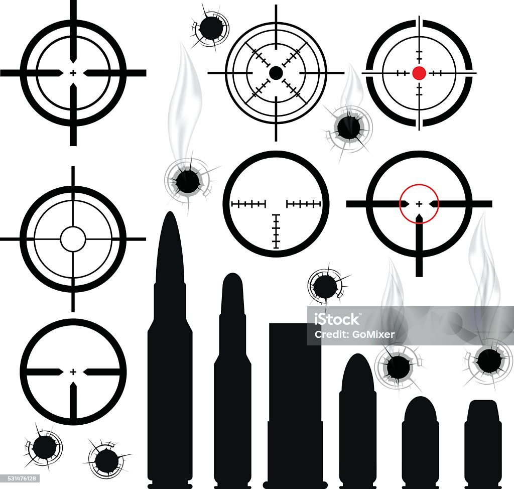 Crosshairs (gun sights), bullet cartridges and bullet holes Bullet stock vector