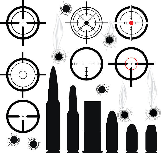 Crosshairs (gun sights), bullet cartridges and bullet holes Crosshairs (gun sights), bullet cartridges and bullet holes bullet stock illustrations