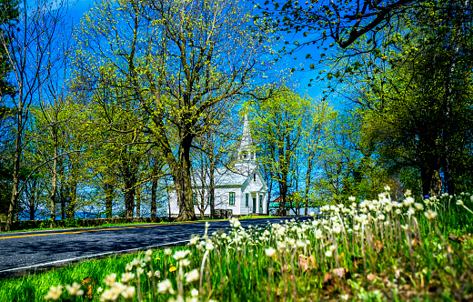 An old Anglican church located in Estrie, Abbotsford, sunny day.