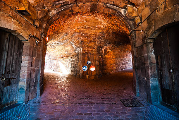 The tunnel Under the Castell de Montjuic Fortress in Barcelona, Spain