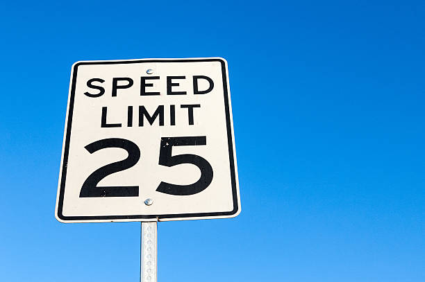 istock Speed limit road sign 25 mph against blue sky 531479153