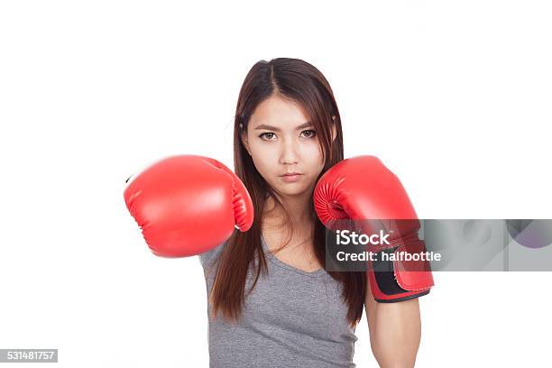 Young Asian Woman With Red Boxing Glove Stock Photo - Download Image Now - 2015, Adult, Adults Only