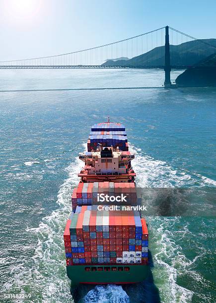 Cargo Ship On The Sea Stock Photo - Download Image Now - 2015, Aerial View, Bay of Water