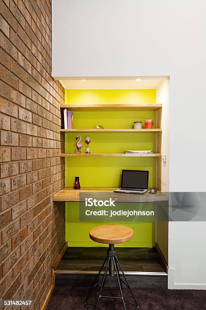 Lime Green Feature Wall Study Nook In Living Room Stock Photo - Download Image Now - Home Office, Small, Nook - Architecture