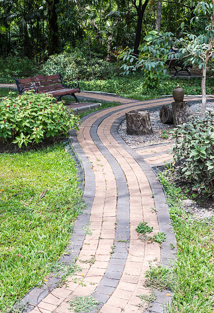 istock Block tile walkway with wooden bench 531482856