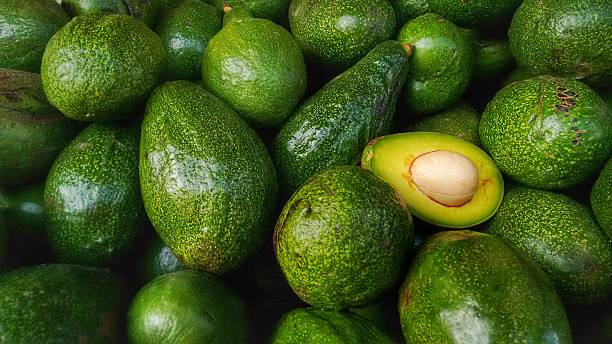 Avocados Pile of green Avocados. One of them is opened that the stone and the pulp are visible. avocado stock pictures, royalty-free photos & images
