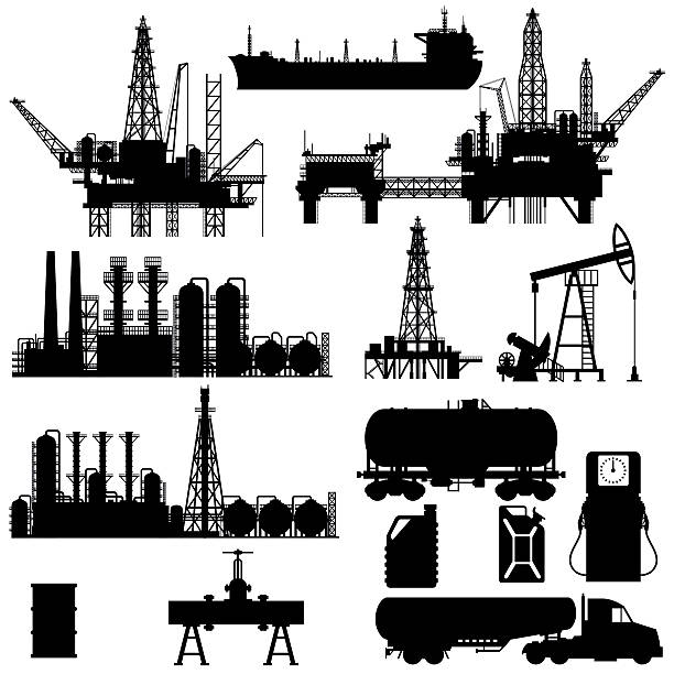 ilustraciones, imágenes clip art, dibujos animados e iconos de stock de siluetas de la industria de aceite - oil rig