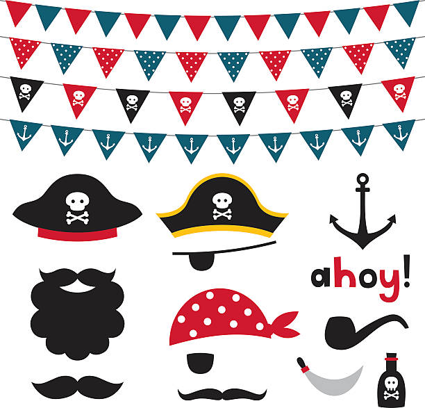 Pirate photo booth props and scrapbooking vector set Pirate photo booth props and scrapbooking vector set one eyed stock illustrations