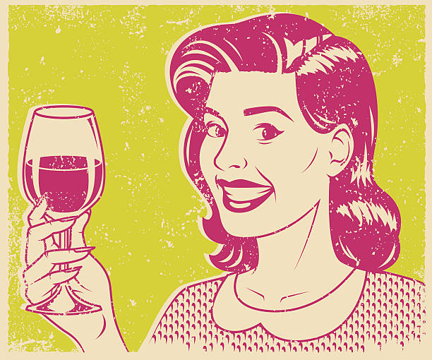 Retro Screen Print Woman Drinking Wine An vintage styled line art illustration of a beautiful brunette smiling woman. Grunge texture added to create a trendy screen printed effect. drinking illustrations stock illustrations