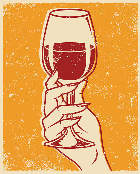 Retro Screen Printed Hand and Wine Glass An vintage styled line art illustration of a hand holding a glass of red wine. Grunge texture added to create a trendy screen printed effect. wineglass illustrations stock illustrations