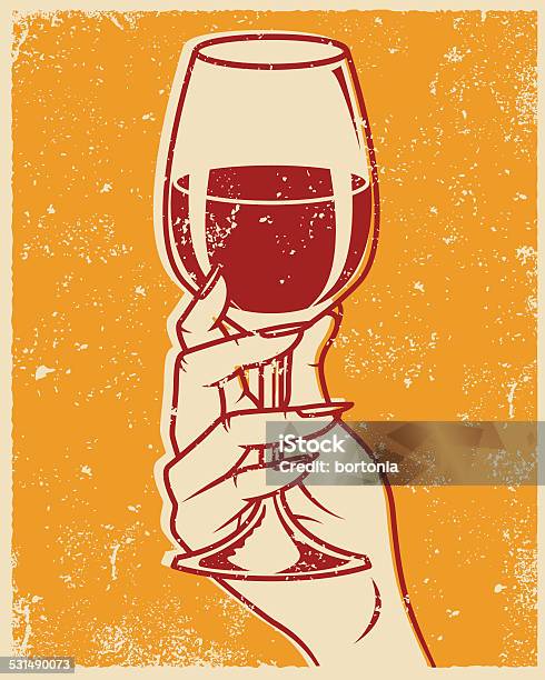 Retro Screen Printed Hand And Wine Glass Stock Illustration - Download Image Now - Wine, Wineglass, Retro Style