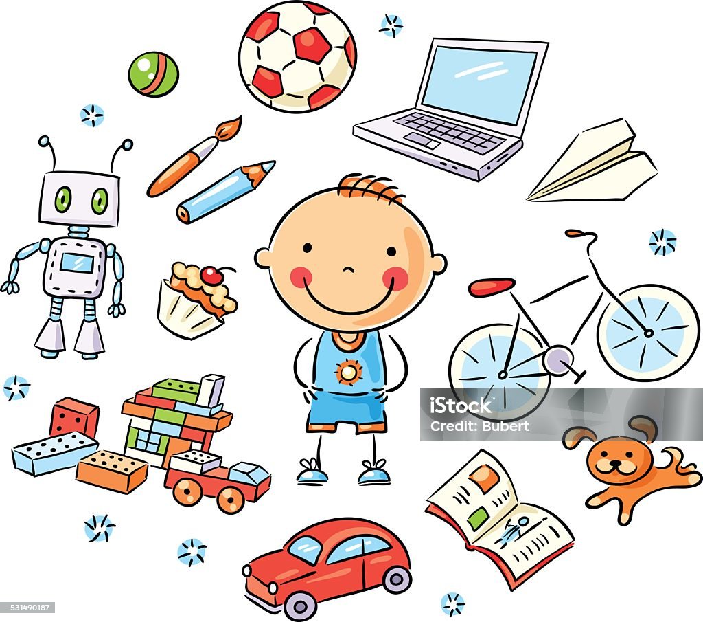 Boy And His Interests Boy and his interests set toys books sweets computer puppy isolated. Boys stock vector