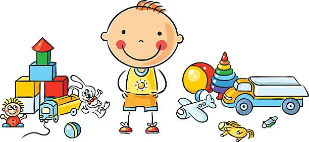 Vector illustration of Little Cartoon Boy with Toys