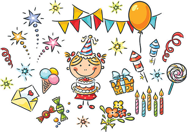 mała dziewczynka i strony rzeczy - birthday balloon bouquet clip art stock illustrations