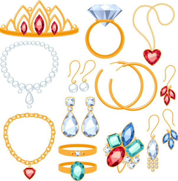Set of jewelry items. Set of jewelry items. Gold and gemstones precious accessorize. ear piercing clip art stock illustrations